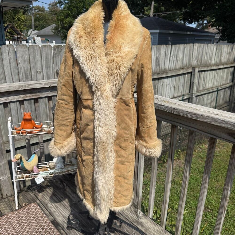 Wilsons Leather Tan Suede Faux Fur Trim Long Coat Size Medium